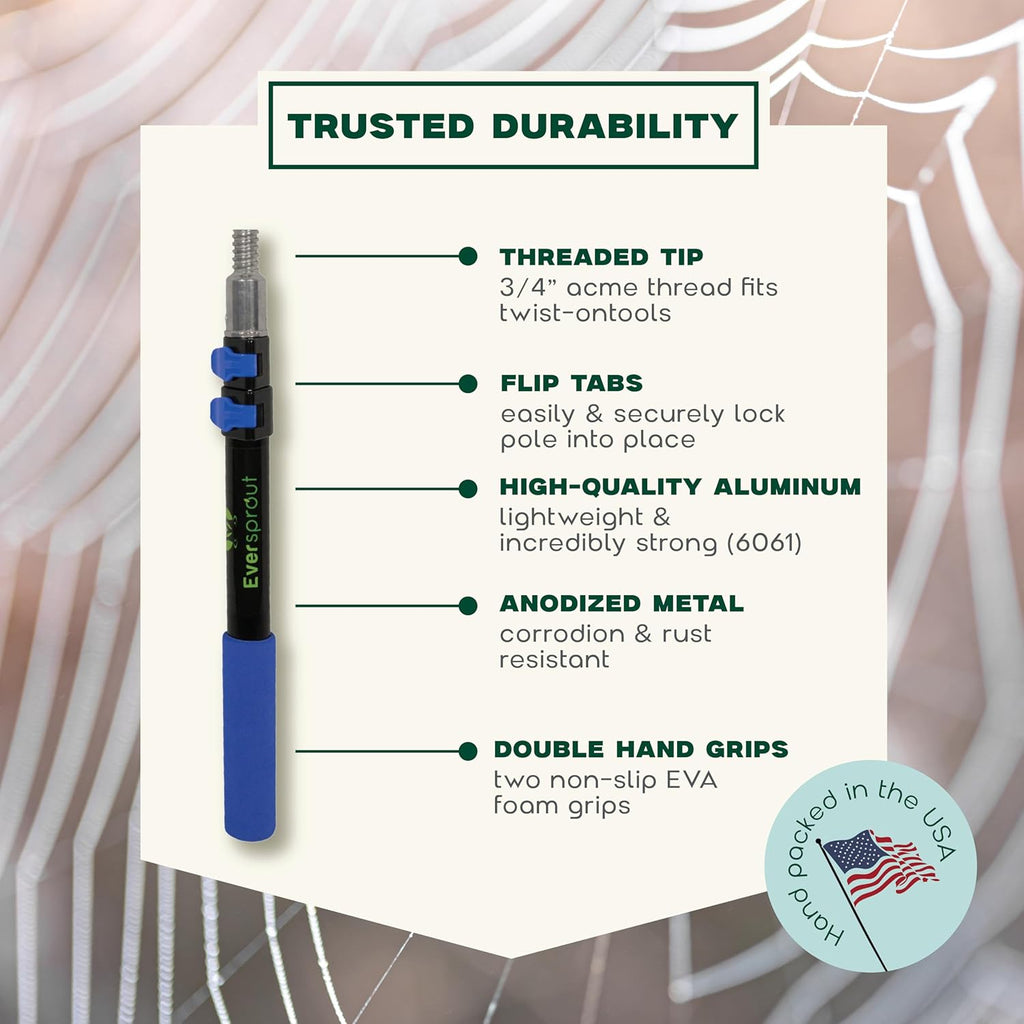 EVERSPROUT 1.5-to-3 Foot Cobweb Duster and Extension-Pole Combo (8-10 Ft Standing Reach, Soft Bristles) | Hand Packaged | Lightweight, 3-Stage Aluminum Pole | Indoor & Outdoor Use Brush Attachment