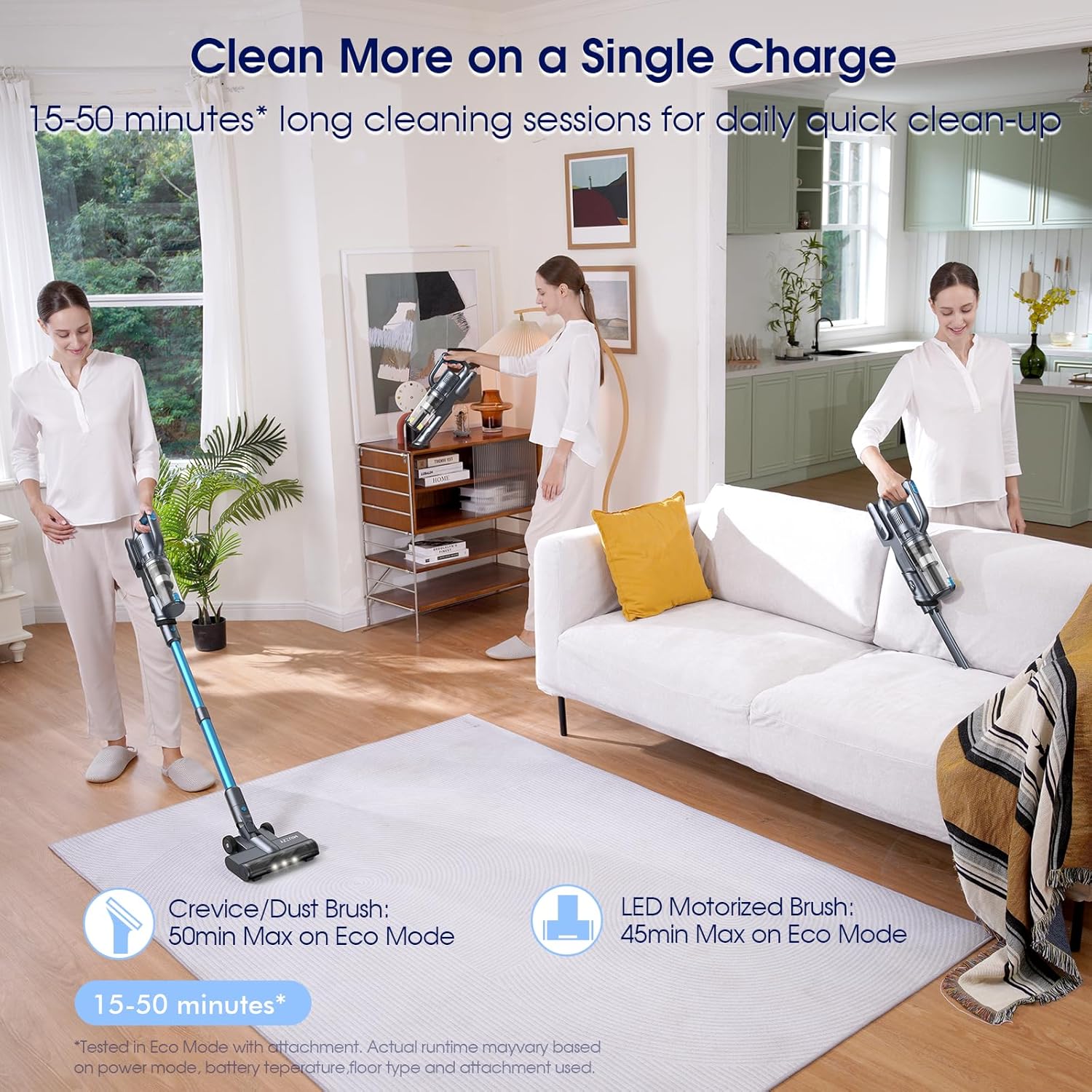 35,000pa Cordless Vacuum Cleaner, Max 50 Minutes, Lightweight Cordless Cleaners for Home, Stick and Handheld Vacuum for Carpets, Hard Floor, Pet Hair, Cars (Blue)