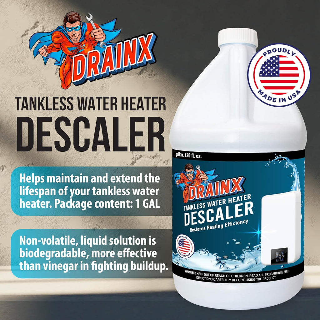 DrainX Tankless Water Heater Descaling Solution | Highly Effective Descaler Restores Heating Efficiency, Gallon, 128 fl oz
