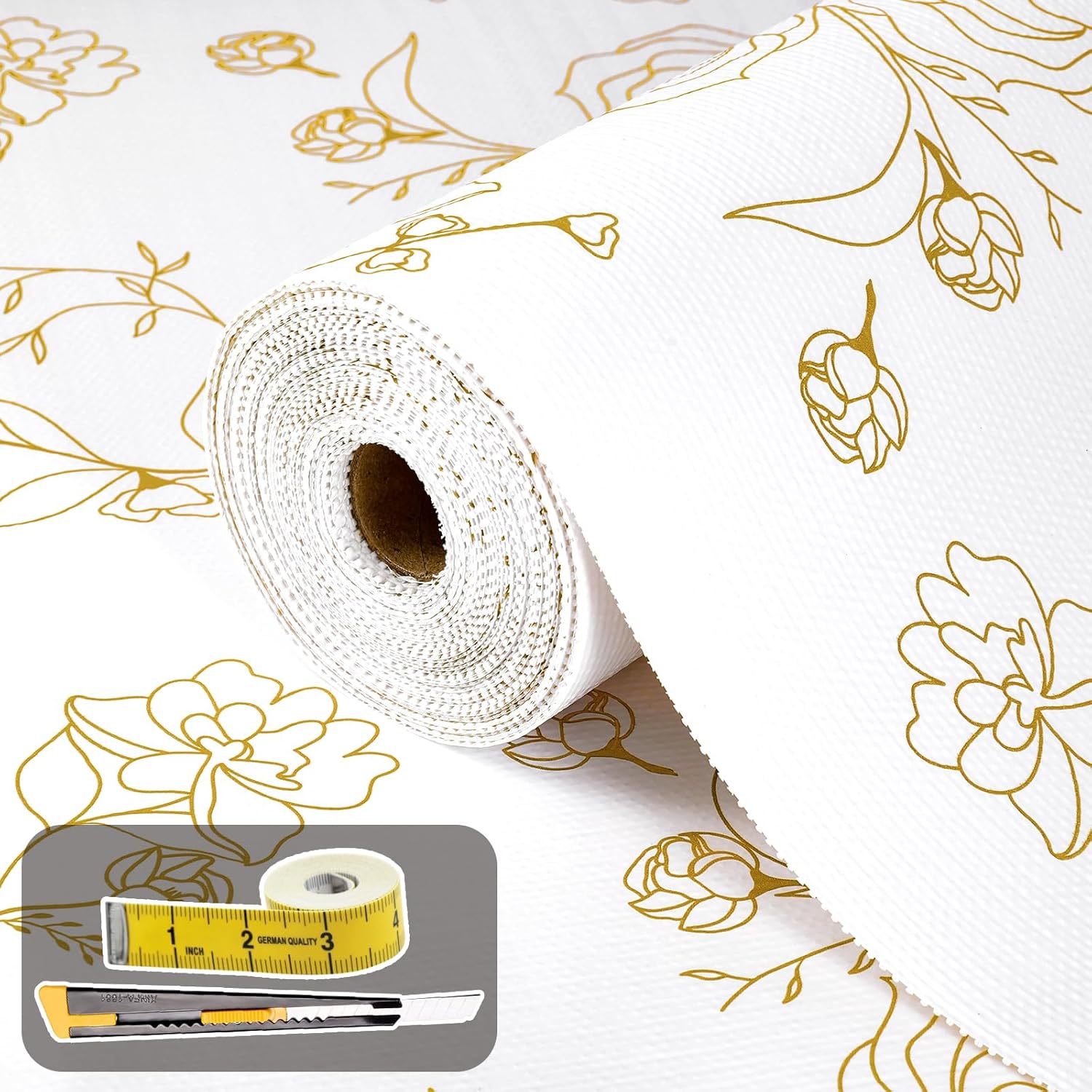Shelf Liners for Kitchen Cabinets 23.6in x 39.37FT Non Adhesive Drawer Liner Gold Floral Thickened Shelf Liner Paper Strong Non-Slip Easy to Clean for Tool Box Refrigerator with Knife and Tape Measure