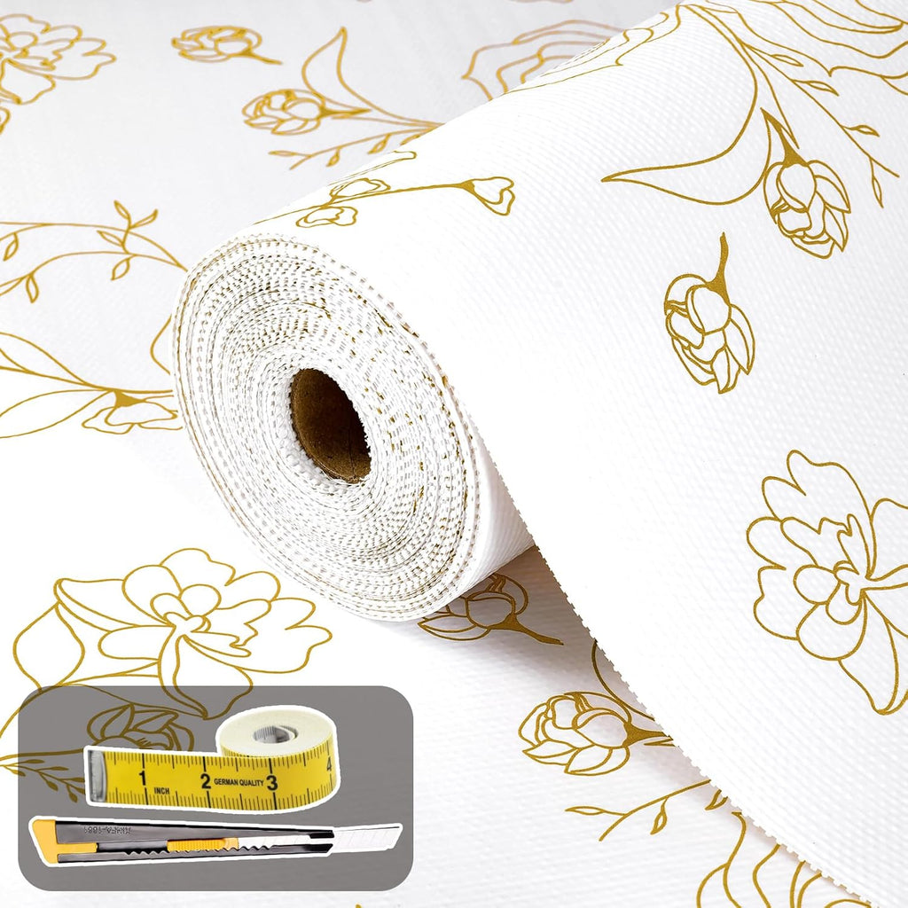 Shelf Liners for Kitchen Cabinets Non Adhesive Drawer Liner 23.6in x 20FT Gold Floral Thickened Shelf Liner Paper Strong Non-Slip Easy to Clean for Tool Box Refrigerator