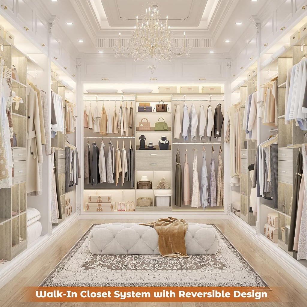 Closet System - 4.75-8FT Closet Organizer System with Wooden Drawers & Cube Storage Organizer, Up To 96" Closet Systems for Nursery & Walk-In Closets with Cuttable Hanging Shelving, Greige Oak