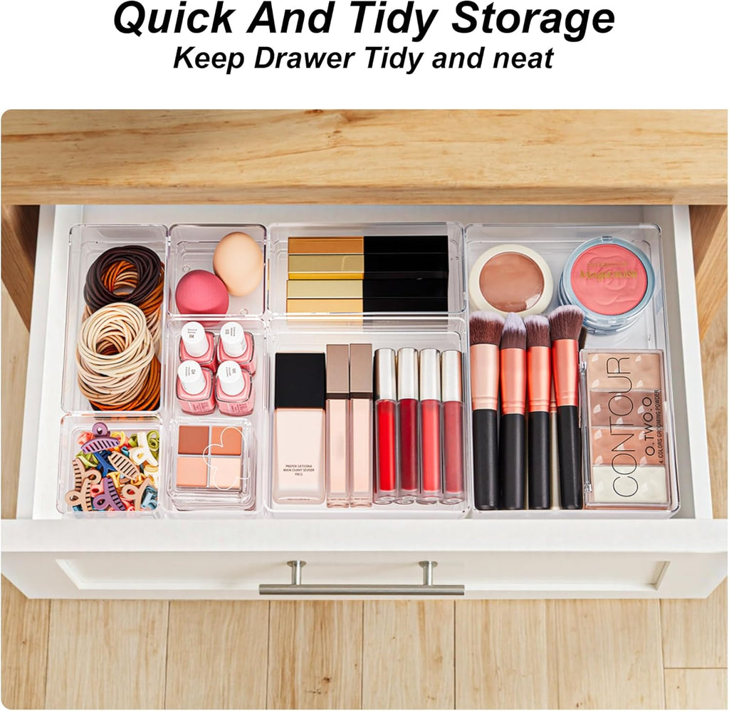 SMARTAKE 7-Piece Drawer Organizer with Non-Slip Silicone Pads, 4-Size Desk Drawer Organizer Trays Storage Tray for Makeup, Jewelries, Utensils in Bedroom Dresser, Office and Kitchen (Clear)