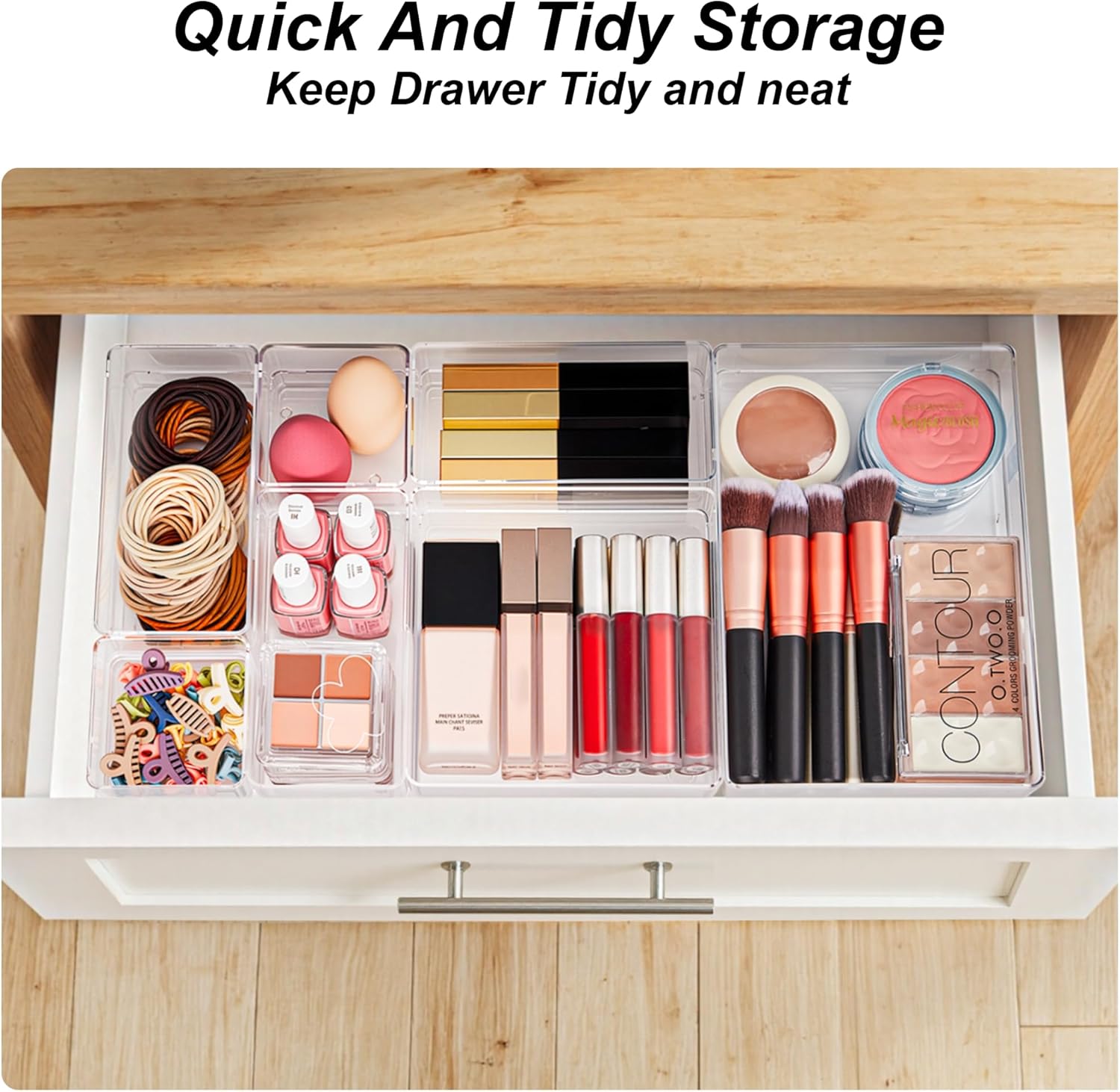 SMARTAKE 7-Piece Drawer Organizer with Non-Slip Silicone Pads, 4-Size Desk Drawer Organizer Trays Storage Tray for Makeup, Jewelries, Utensils in Bedroom Dresser, Office and Kitchen (Clear)