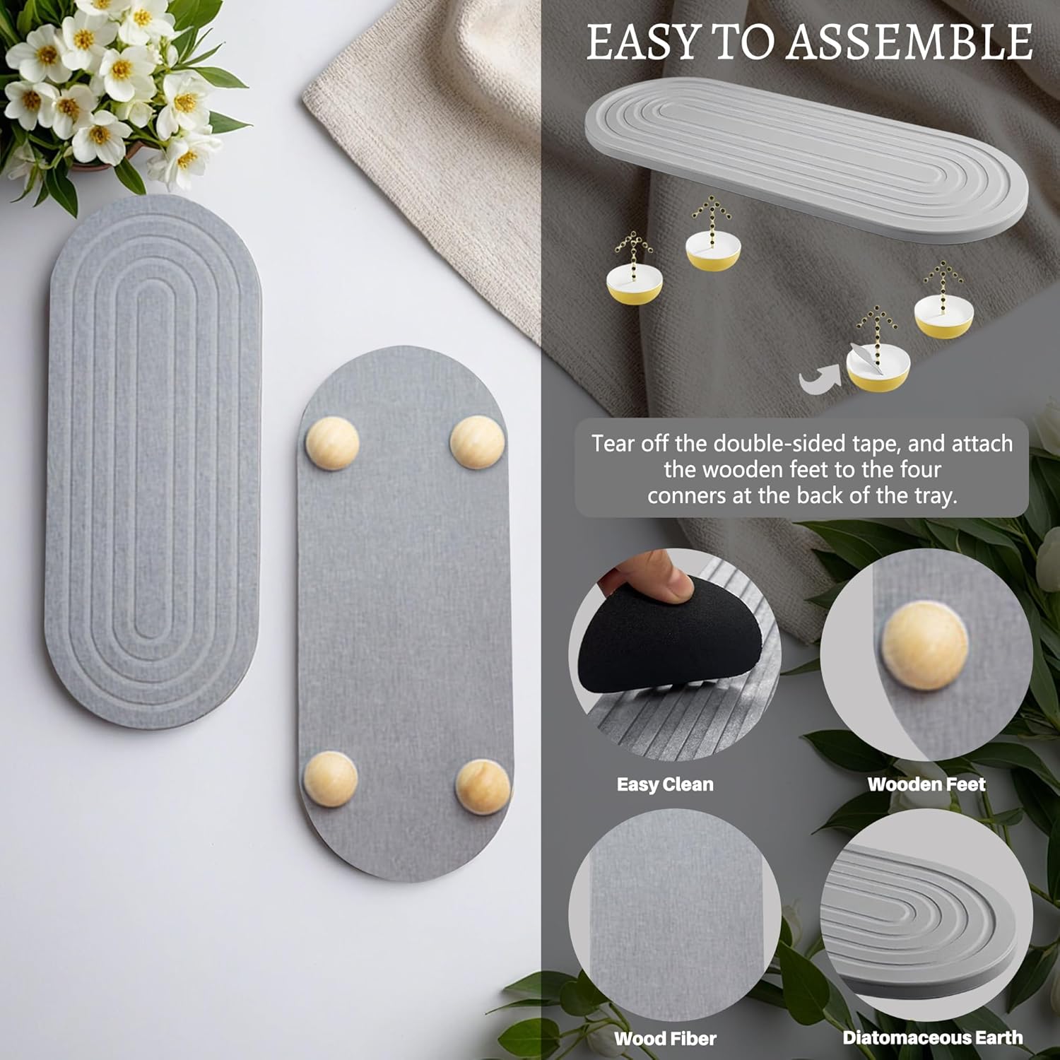 Instant Dry Sink Caddy Organizer, Fast Drying Sink Caddy, Water Absorbing Stone Sponge Holder for Kitchen and Bathroom Countertop with Natural Loofah and Wooden Feet