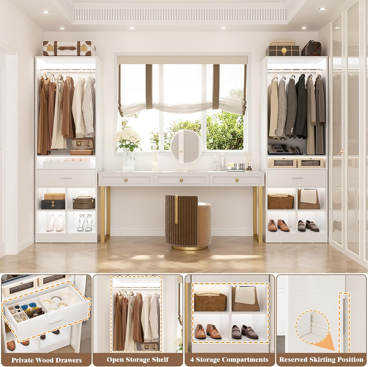 Unikito Freestanding Closet System with Wood Drawer and 4 Cubby Storage, Closet Organizer with Hanging Rods & Shelves, 25‘’W X 80'' H Clothes Garment Rack, Walk in Closet Tower Wardrobe, White
