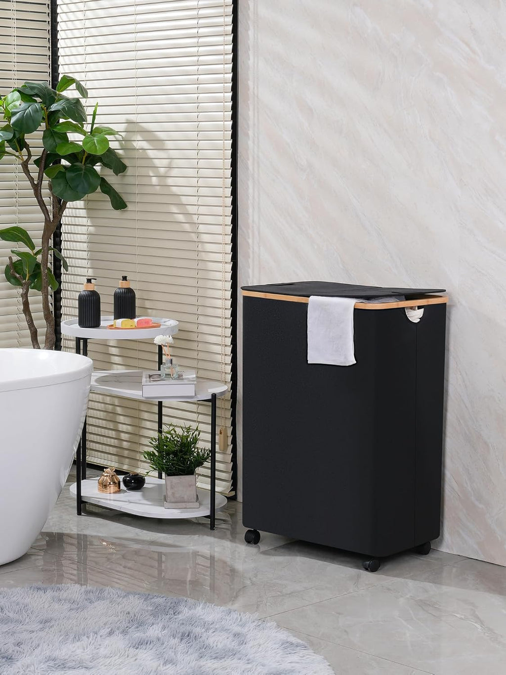 efluky Double Laundry Hamper with Wheels, Divided Laundry Hamper with Removable Bags, 2 Section Dirty Clothes Basket with Handles for Bathroom, Bedroom & Laundry Room, 160L Dark Black
