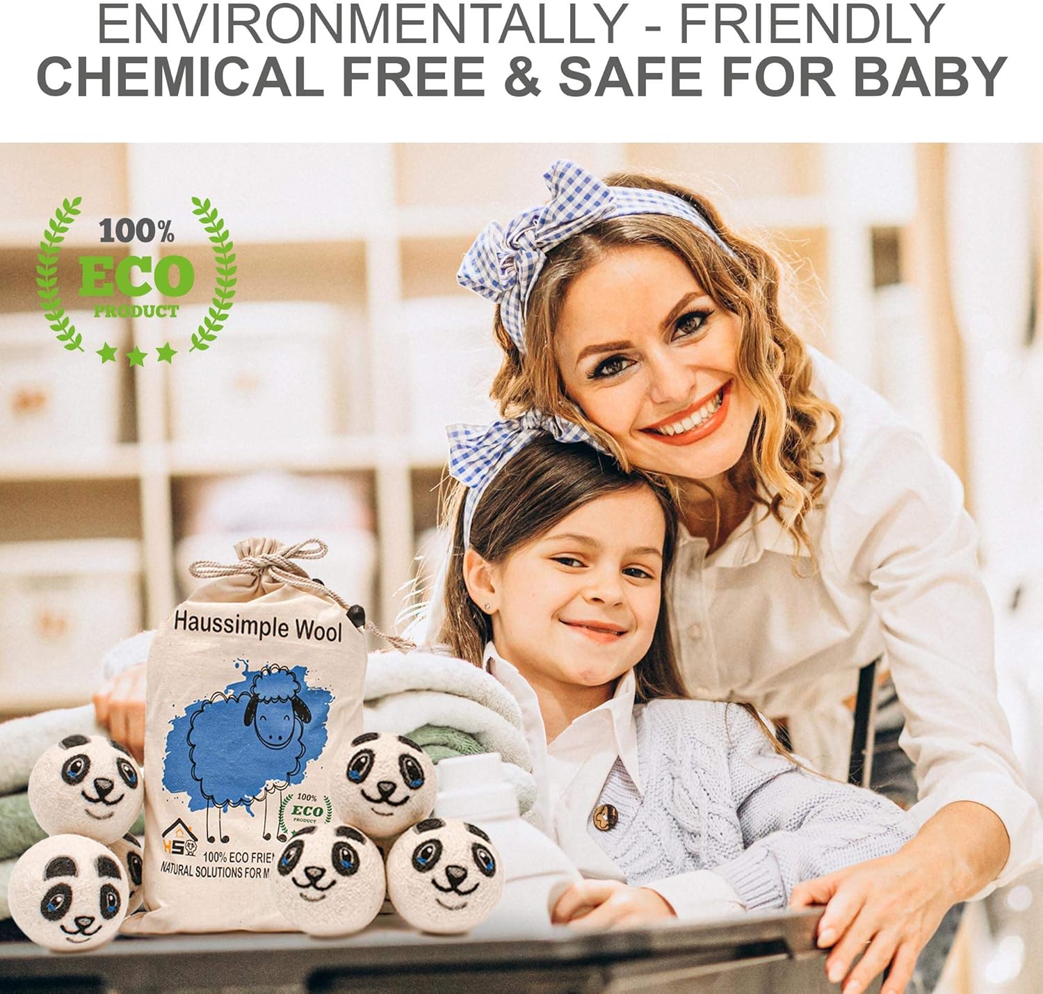 Wool Dryer Balls Organic Felt 6 Pack Laundry Fabric Softener, Extra Large Reusable Handmade Natural Sheep Wool Lint Wrinkle Free Anti Static Baby Safe (Panda)