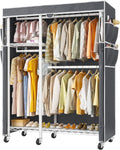 Raybee Clothes Rack with Cover,Clothing Racks for Hanging Clothes with Wheels and Adjustable Feets,Rolling Heavy Duty Garment Rack,White