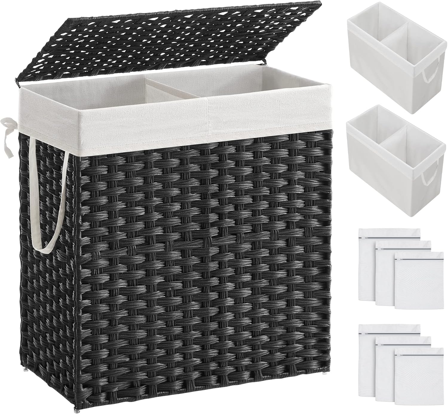 SONGMICS Laundry Hamper with Lid, 110L Clothes Hamper with 2 Removable Liner Bags, 6 Mesh Bags, Wicker Laundry Basket, Double Laundry Hamper for Laundry Room, 13 x 22.4 x 23.6 Inches Black ULCB52BK
