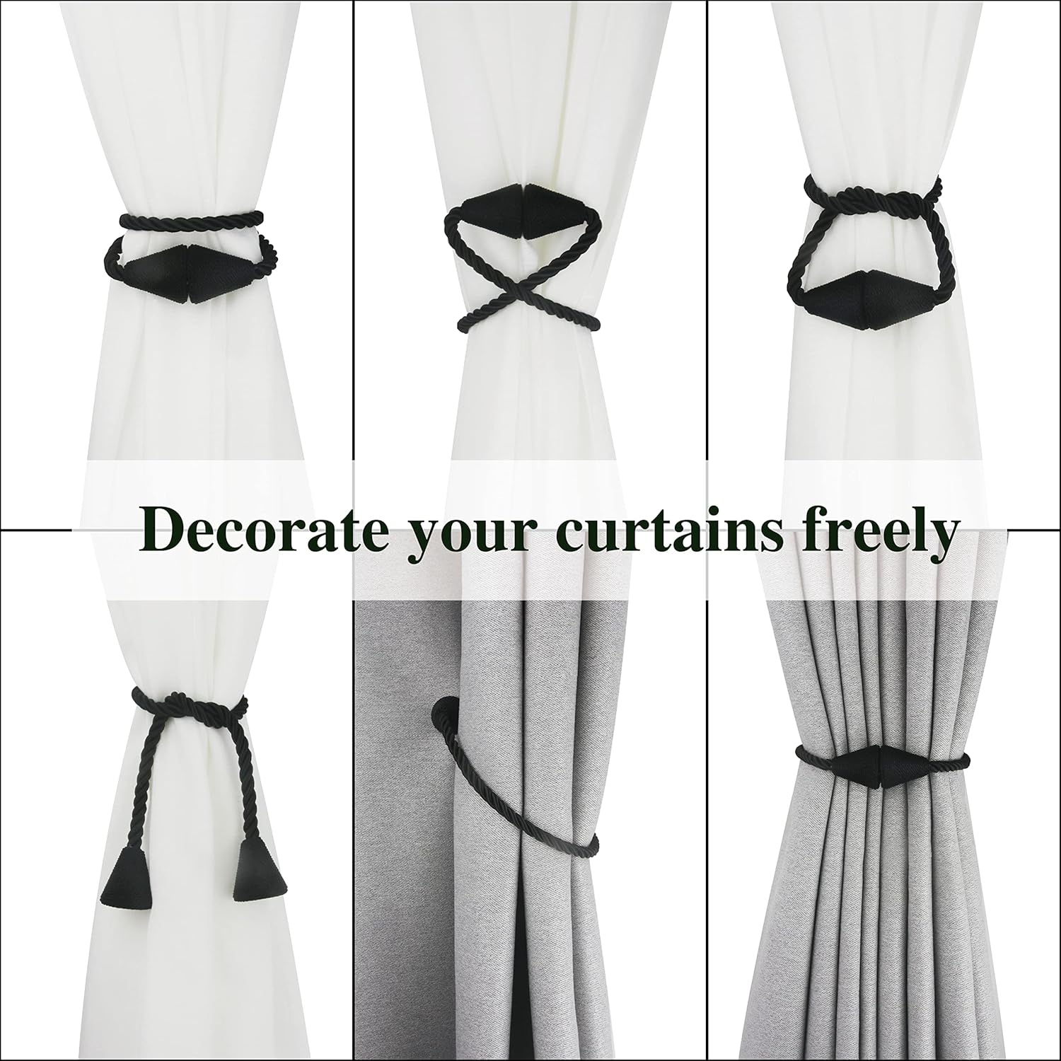 6 Pack Magnetic Curtain Tiebacks Rope Modern Handmade Curtain Tie Backs Decorative Drapes Weave Holdbacks for Window Décor, Black