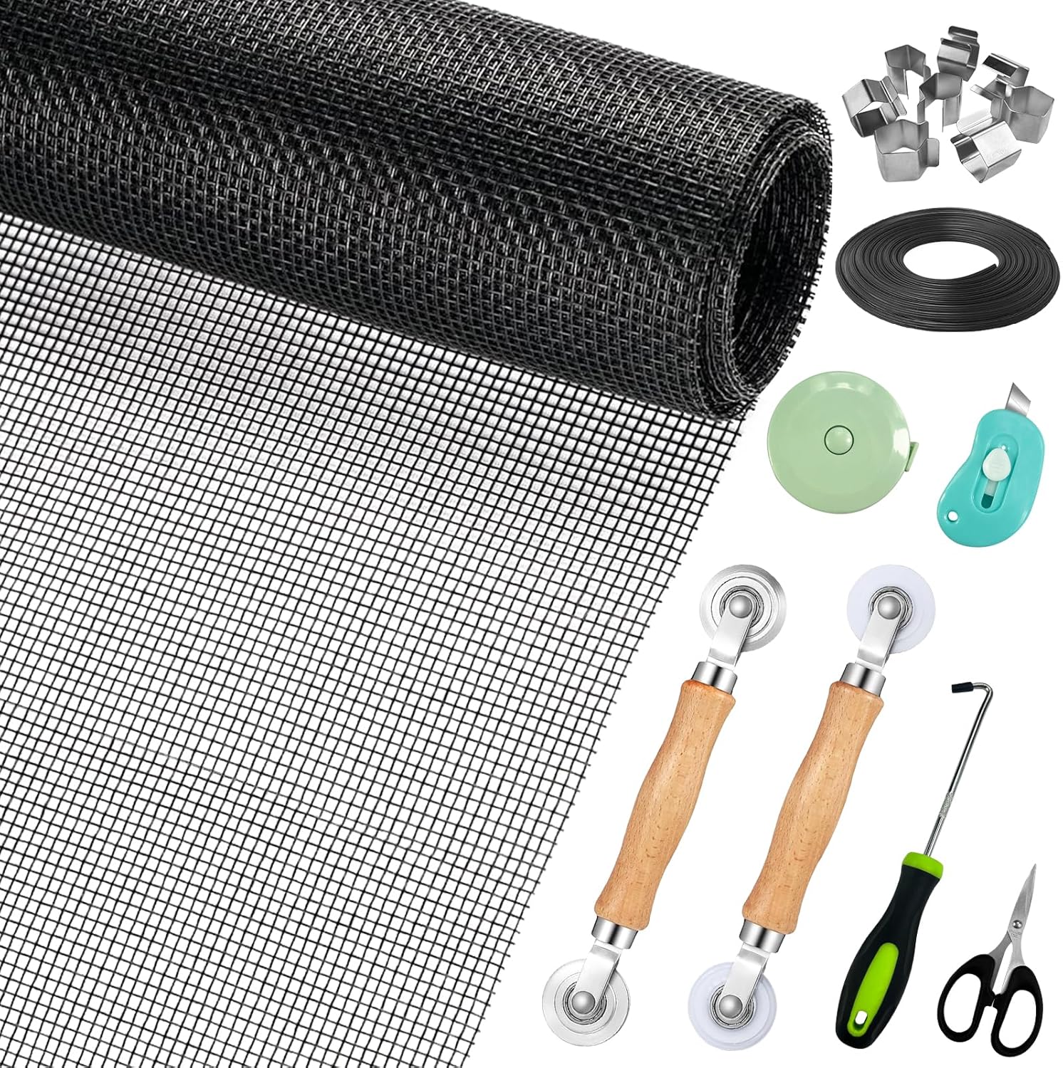 Window Screen Replacement,Screen Door Repair Kit, 59"x158" Black Window Screen Mesh,Including 50 FT Splines+Hooks+2 Rollers+8 Clips+Scissors+Knife+Tape Measure,Fully Equipped Window Screen Repair Kit