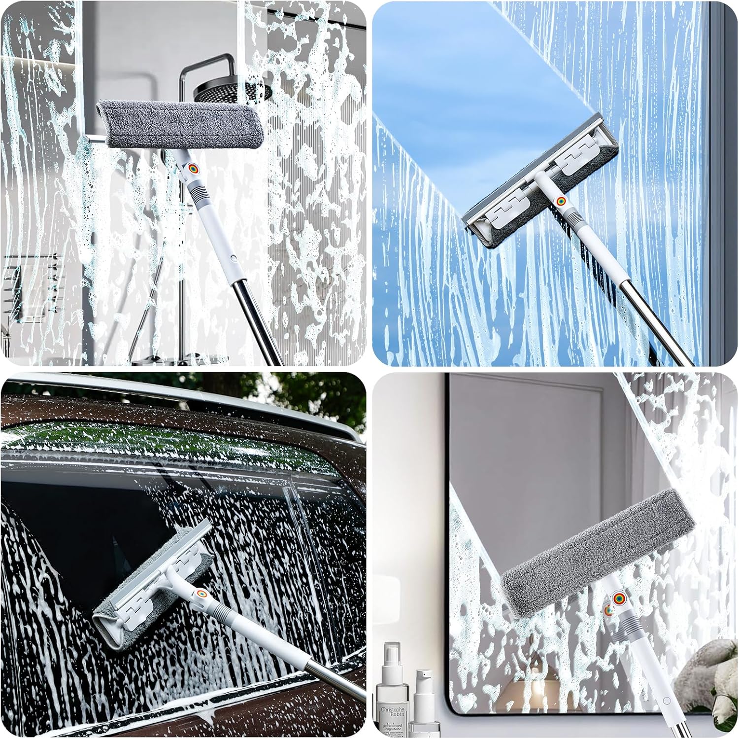 funest 126‘’ Squeegee for Window Cleaning, 2-in-1 Window Cleaner Tool with Extension Pole, Rotatable Head for Indoor and Outdoor Glass Shower Glass Mirror Car RV Window Cleaning Kit
