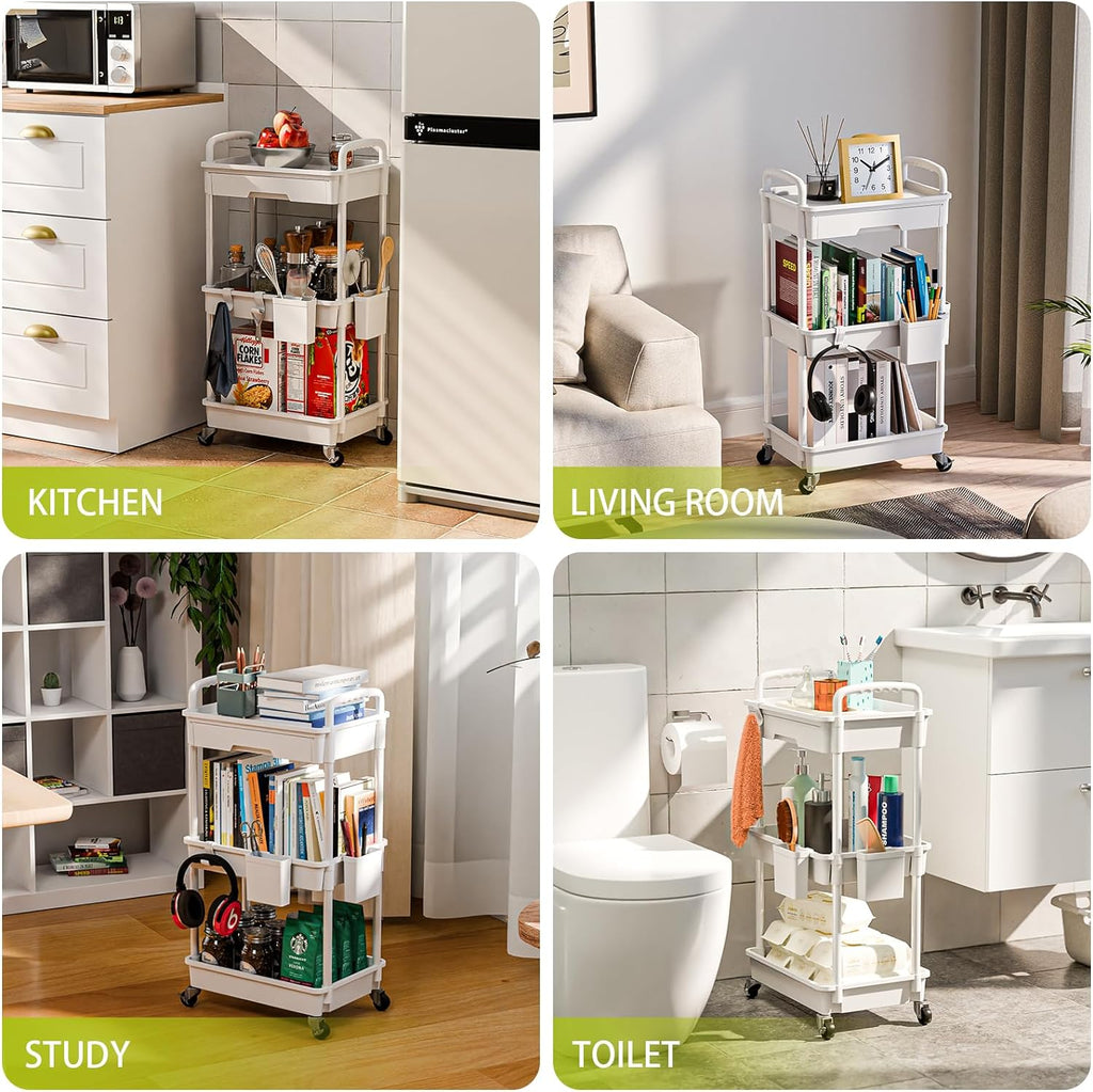 3 Tier Rolling Cart Organizer,Laundry Room Bathroom Organizers and Storage Office Shelves Mobile Shelving Unit Kitchen Trolley Cart with Wheels for Art,Craft,Diaper,Bedside,Snack(White)