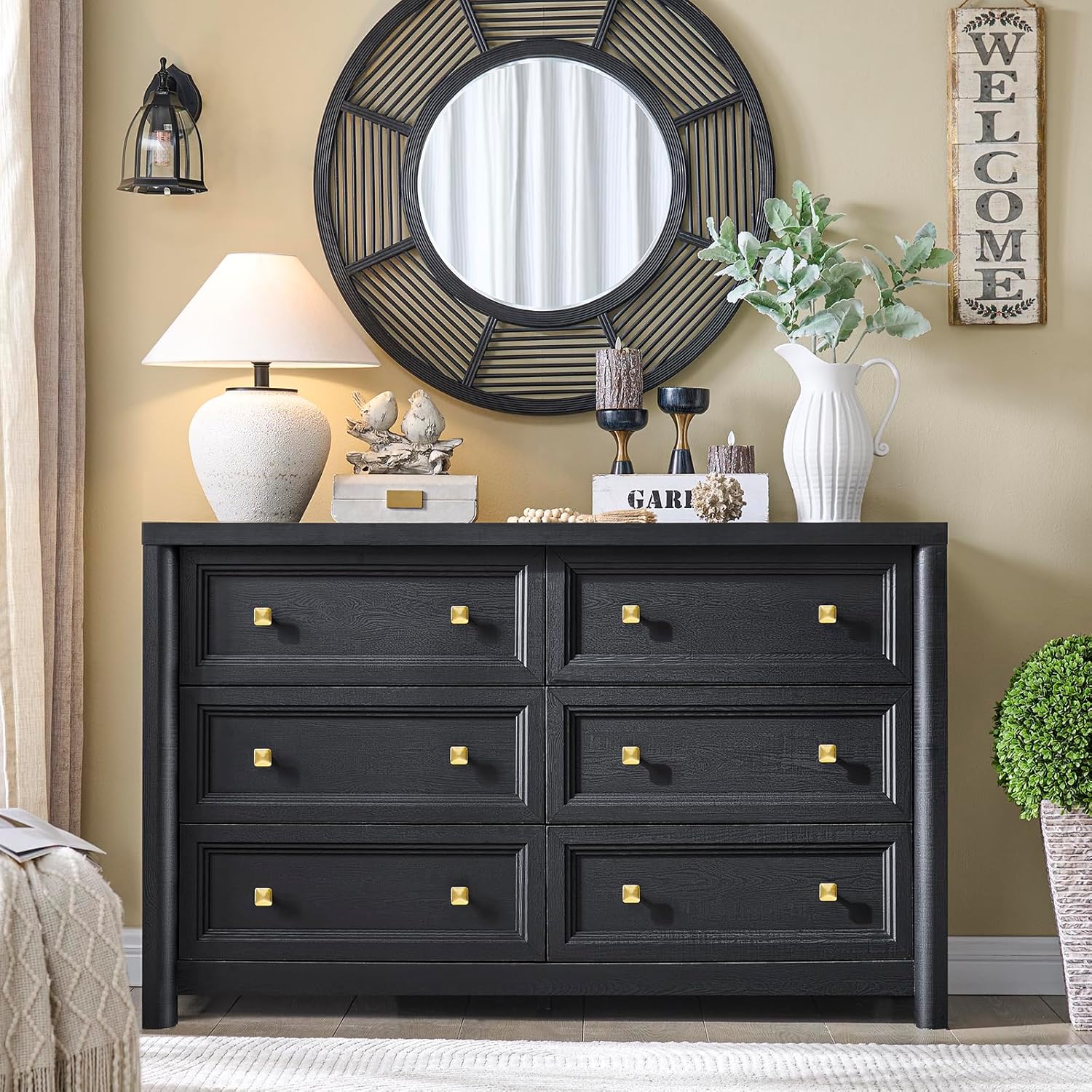 Black Dresser, Farmhouse 6 Drawer Dresser for Bedroom, 52 inch Wide Dressers with Deep Drawers, Vintage Dressers, Solid Wood Chest of Drawers for Bedroom, Nursery