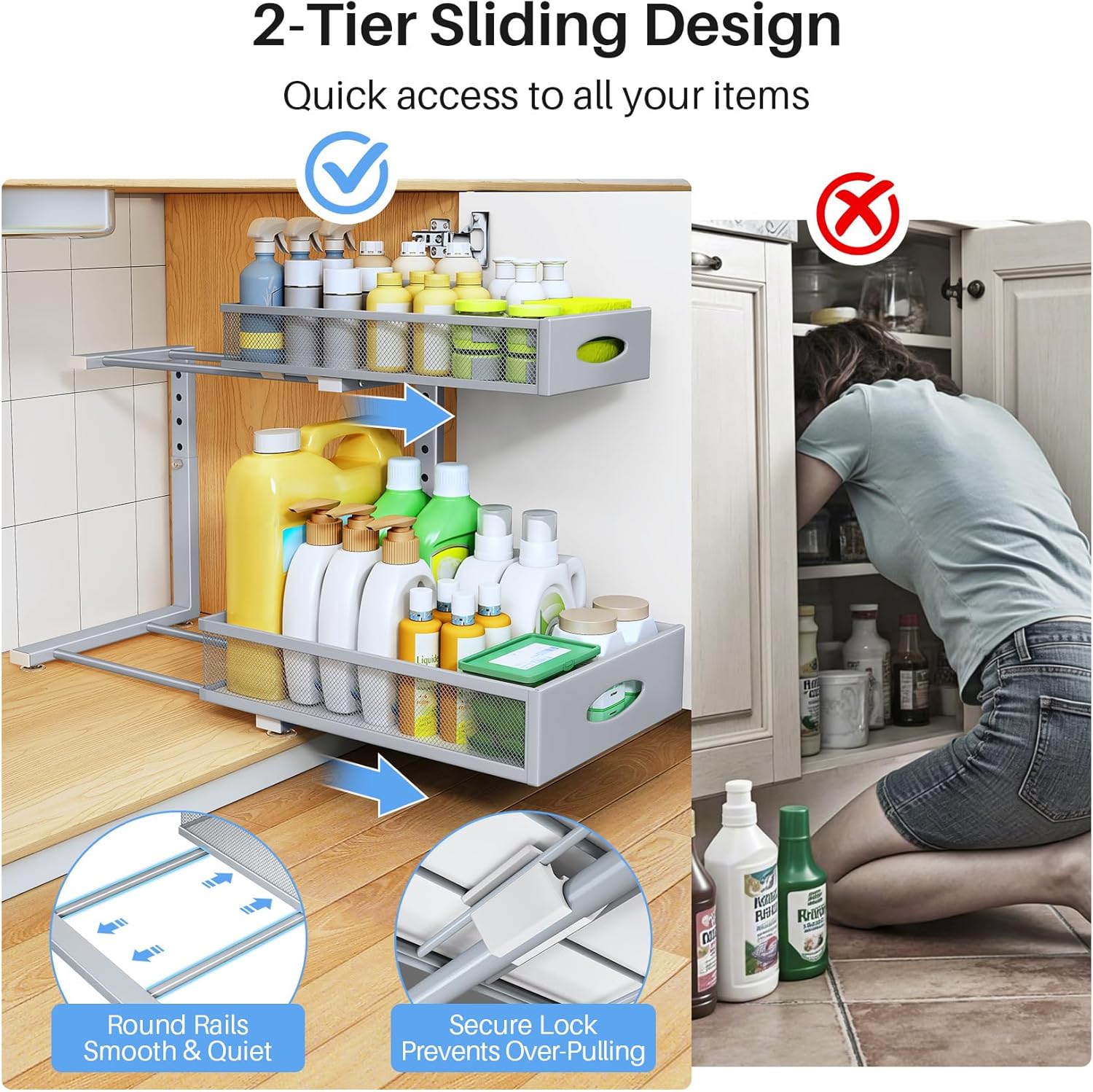 Under Sink Organizer, 2 Tier Pull Out Under Cabinet Organizer Shelf with Pad for Framed Cabinets, Metal Slide Out Under Sink Storage, Mesh Sliding Drawers for Kitchen Bathroom Laundry(Grey, 1 Pack)