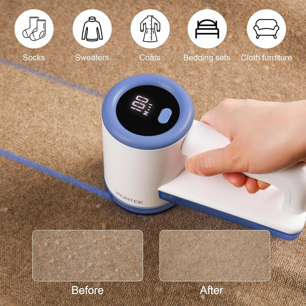 iRUNTEK Rechargeable Fabric Shaver & Lint Remover｜3-Speed Lint Shaver with LED Display & Large Lint Bin｜Sweater Shaver with Type-C Fast Charging｜Removes Fuzz & Pills from Clothes, Furniture - Blue