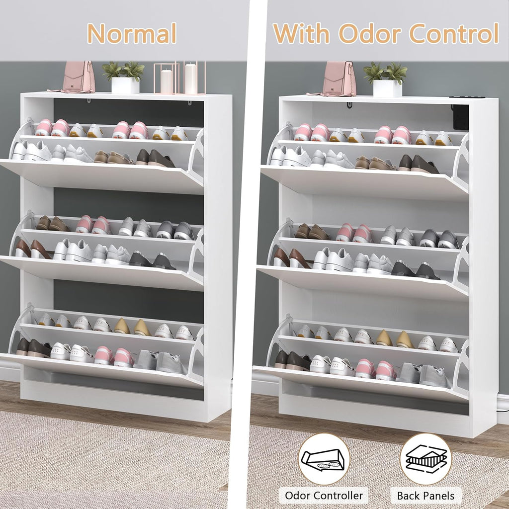 Shoe Cabinet with Odor Control and Back Panels, Deodorizing Slim 3-Flip Shoe Storage Cabinet for Entryway, Freestanding Hidden Shoe Rack Organizer for Entrance, Hallway, Bedroom