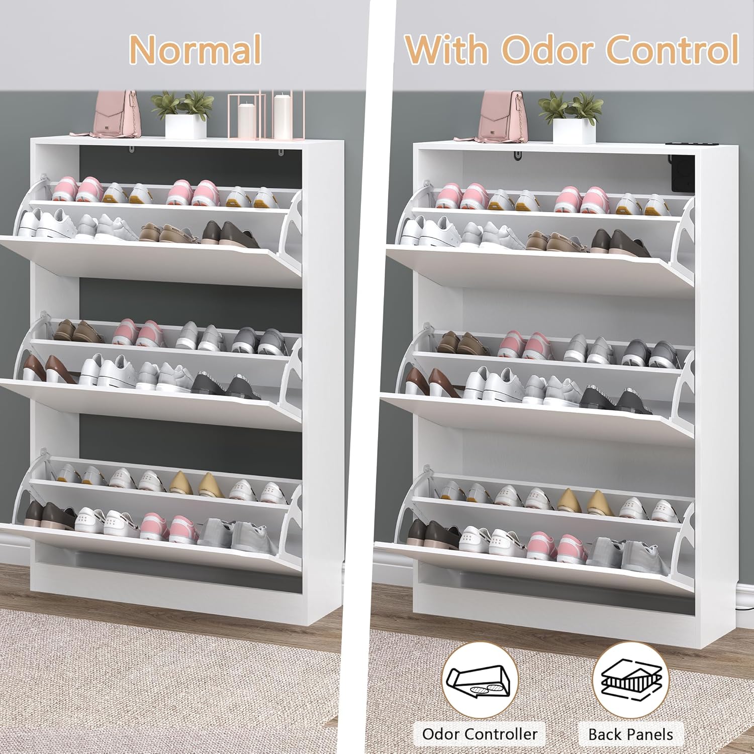 Shoe Cabinet with Odor Control and Back Panels, Deodorizing Slim 3-Flip Shoe Storage Cabinet for Entryway, Freestanding Hidden Shoe Rack Organizer for Entrance, Hallway, Bedroom