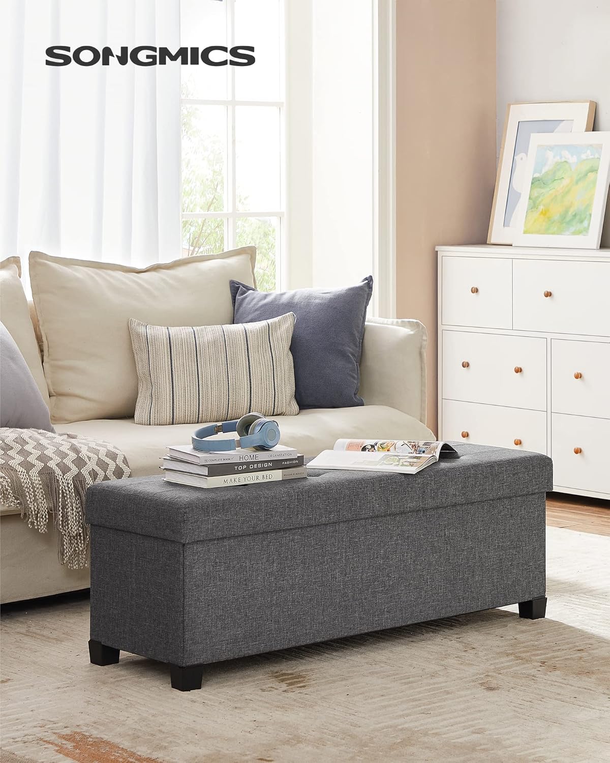 SONGMICS Storage Ottoman Bench, Foldable Foot Rest with Legs, 15 x 43 x 15.7 Inches, End of Bed Bench, Storage Chest, Load up to 660 lb, for Living Room, Bedroom, Entryway, Slate Gray ULSF018G01