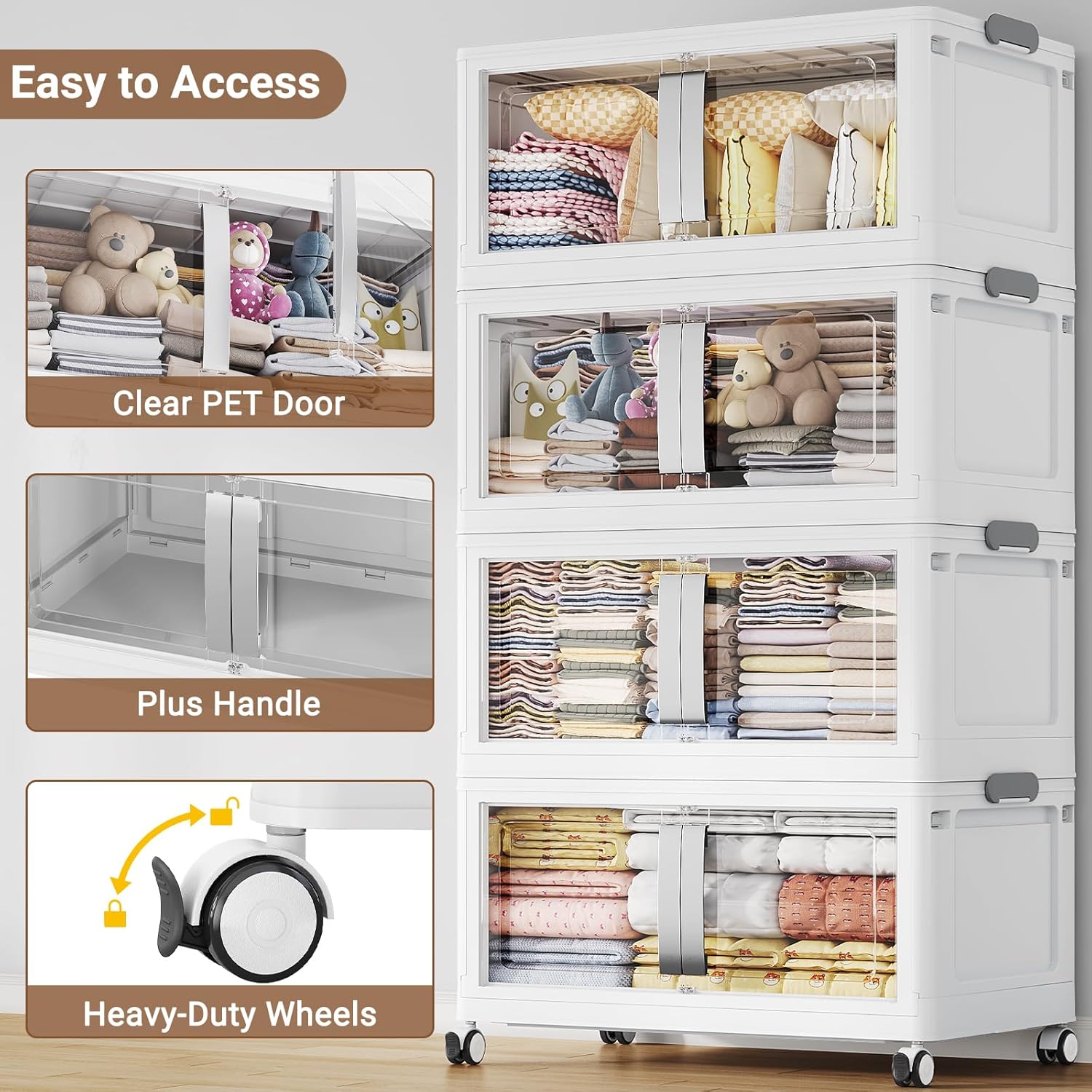 BROVIEW 640QT Stackable Storage Bins with Lids, 160Gal Extra Large Collapsible Storage Box with Wheel, Plastic Storages with Clear Door Open Front for Home Kitchen Garage, White-4pack(4 lids)