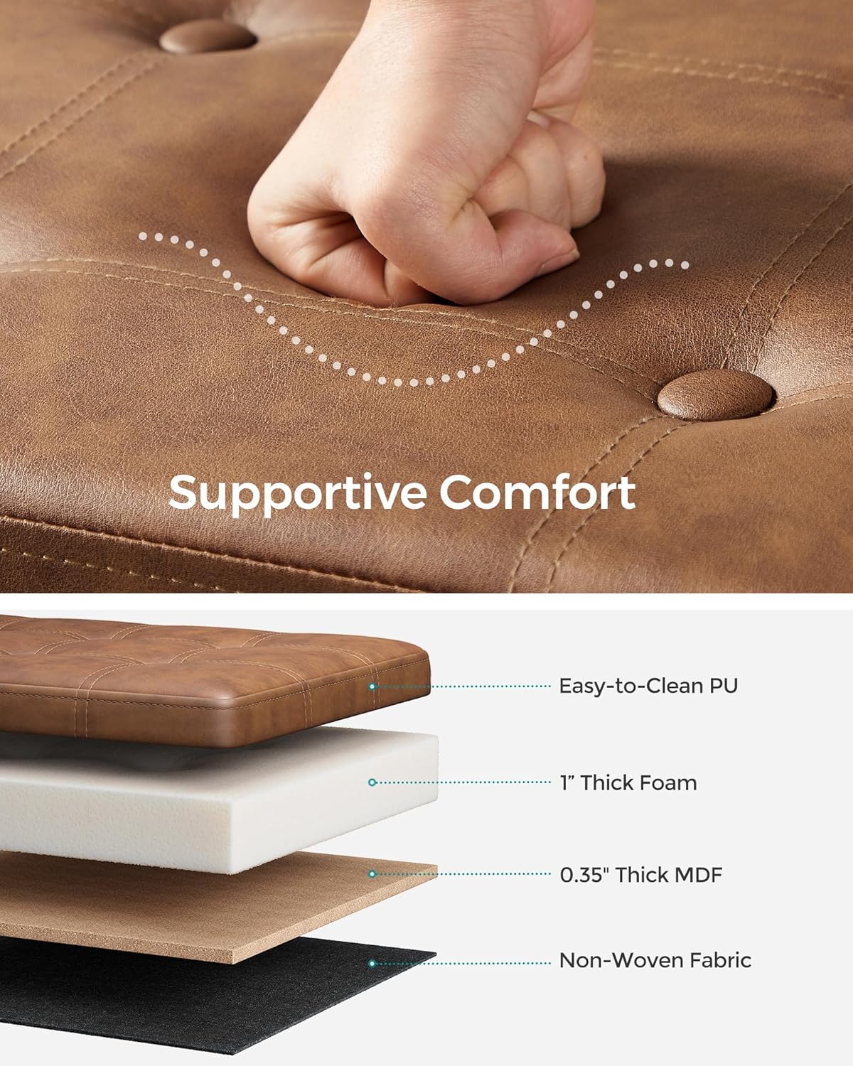 SONGMICS Mazie Collection - 43 Inches Folding Storage Ottoman Bench, Ottoman with Storage, Foot Rest Stool, Load 660 lb, Living Room, Bedroom, Entryway, Synthetic Leather, Coffee Brown ULSF070K01