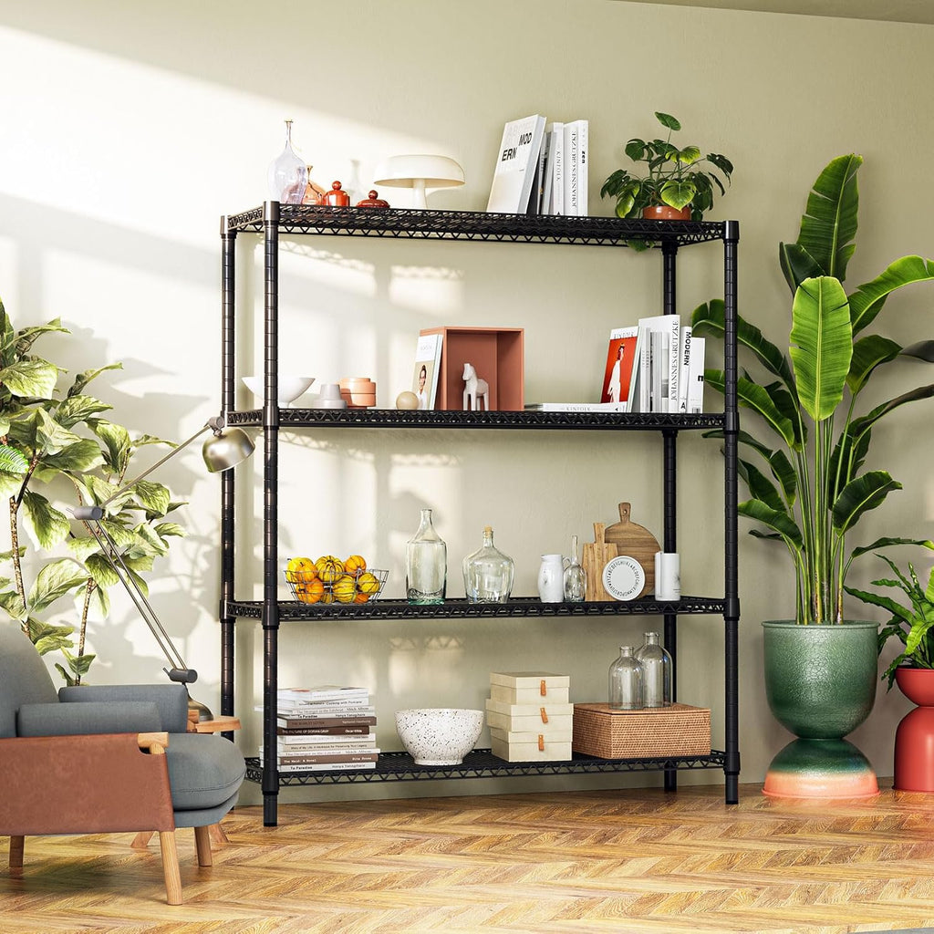 IZEUK 4-Tier Metal Garage Shelving, Heavy Duty Adjustable Storage Rack Organizer, Industrial Steel Shelves for Basement, Kitchen, Office, Warehouse (Black, 17.7" D x 59.1" W x 70.9" H)