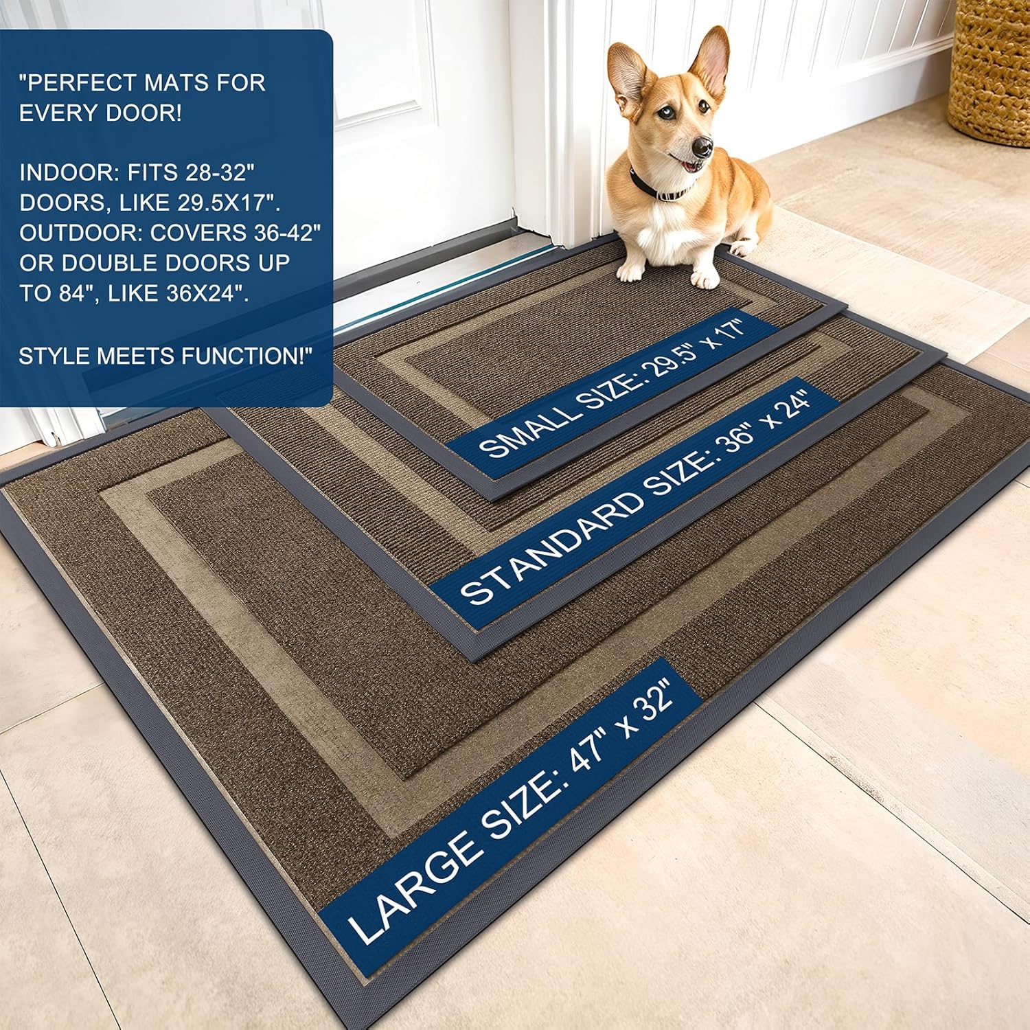 OLANLY Front Door Mat Indoor Outdoor Entrance, Waterproof All-Season, All-Weather Doormat, Sturdy Natural Rubber, Fade Resistant, Low Profile, Easy Clean Patio Porch Entryway Mat, 47x32, Brown