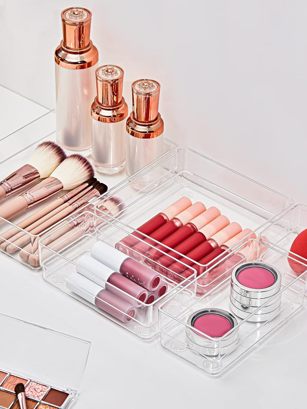 SMARTAKE 13-Piece Drawer Organizer with Non-Slip Silicone Pads, 5-Size Desk Drawer Organizer Trays Storage Tray for Makeup, Jewelries, Utensils in Bedroom Dresser, Office and Kitchen (Clear)