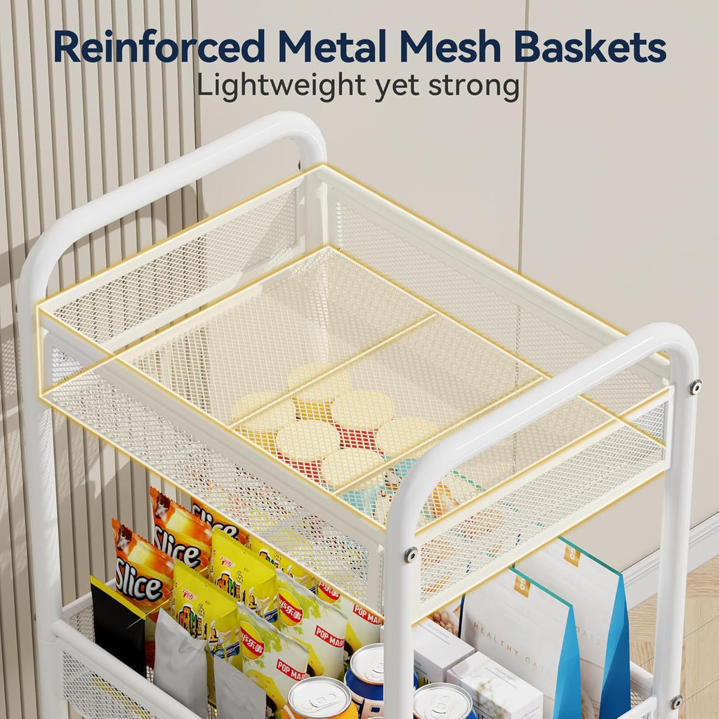 YASONIC 3 Tier Rolling Cart – Metal Utility Storage Cart with Wheels, Craft Carts Organizer with Hanging Cups, Hooks, Mesh Basket for Bedside Kitchen Office Art, White