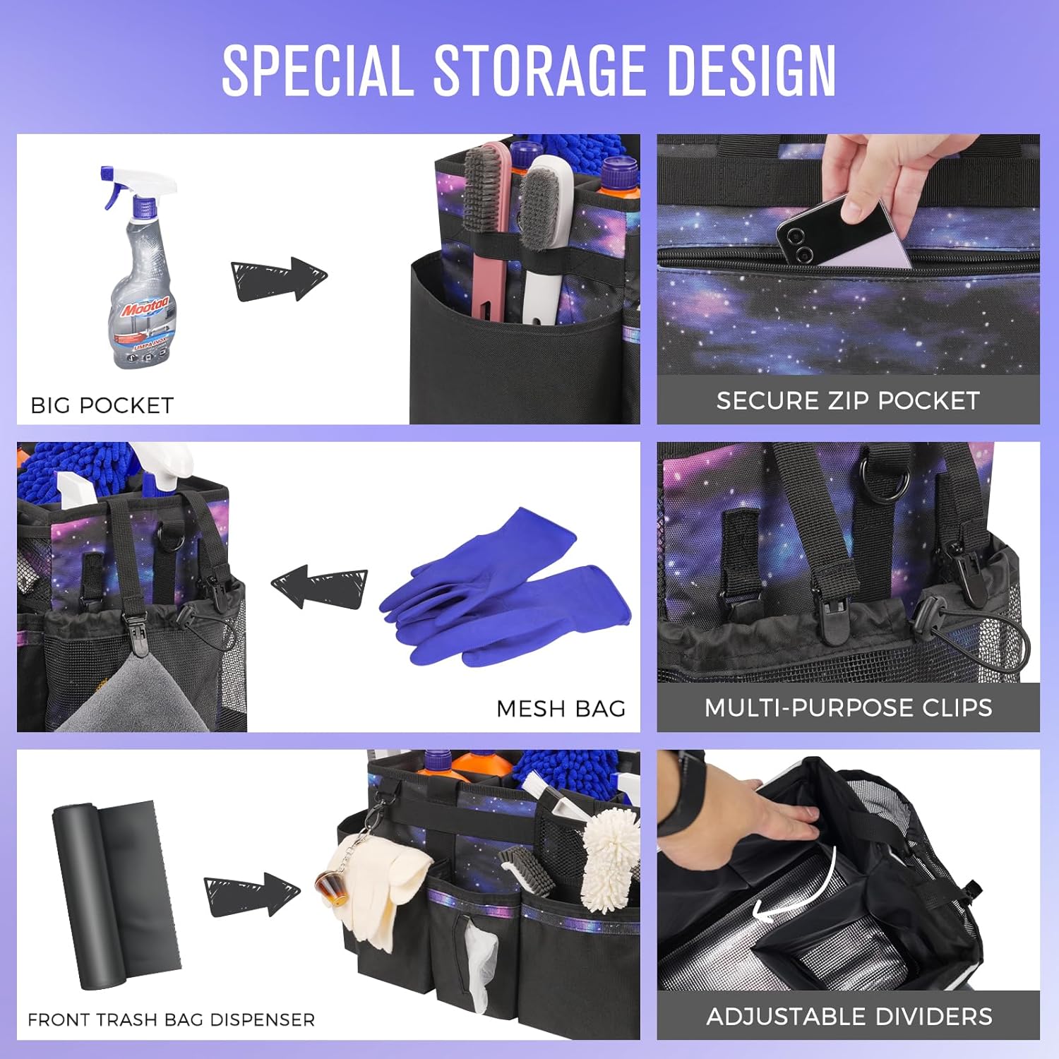 Wearable Cleaning Caddy, Cleaning Caddy Supplies Organizer with Handle & Shoulder Straps for Housekeepers, Under Sink & Car Cleaning Tool Organizers Bag with 4 Foldable Divider (StarrySky)