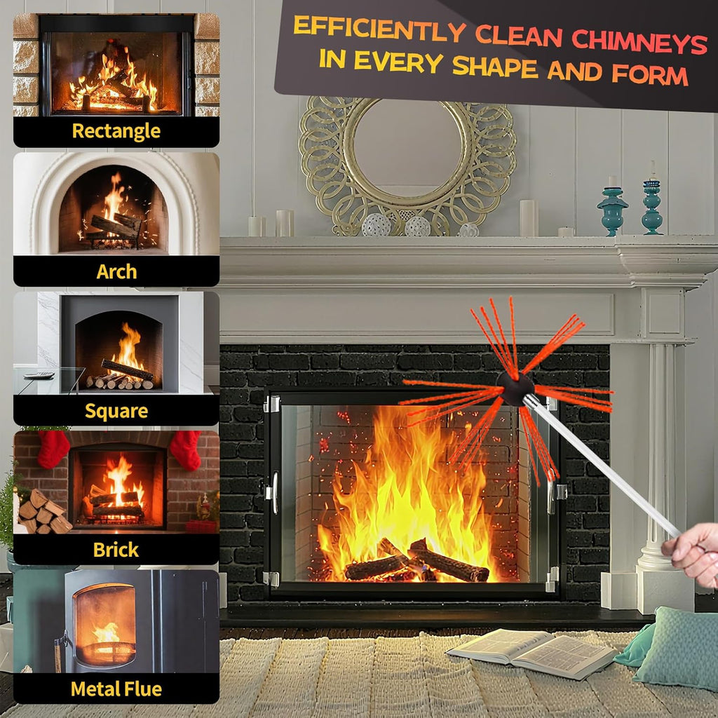 26 Feet Chimney Sweep Kit, Chimney Cleaning Kit with 8 Flexible White Chimney Rods, Chimney Brush, Rotary Chimney Cleaning System Driven by Drill for Sweeping Fireplace