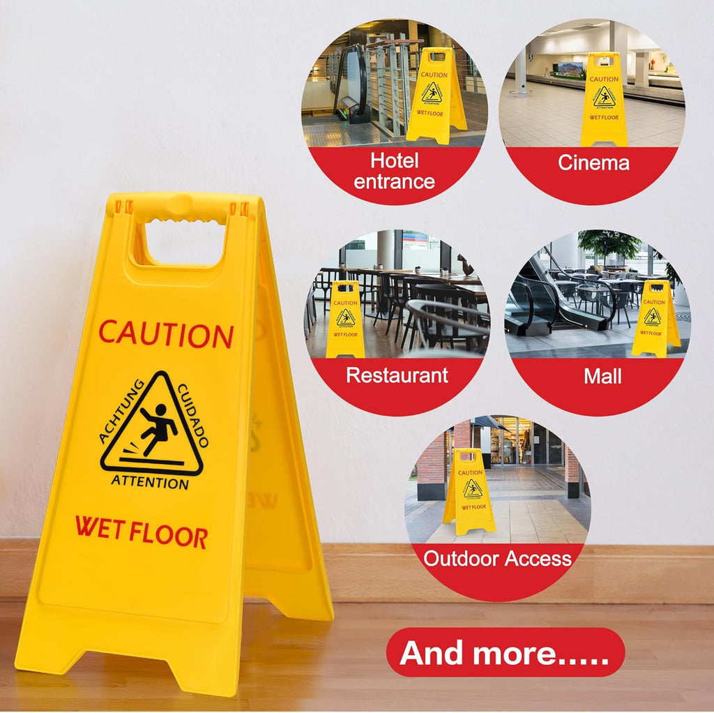 MATTHEW CLEANING 25'' Industrial Wet Floor Sign 12 Pack 2-Sided Safety A-Frame Birght Yellow Multilingual Warning Signs Commercial Caution Wet Fold-out Floor Signs For Indoors and Outdoors