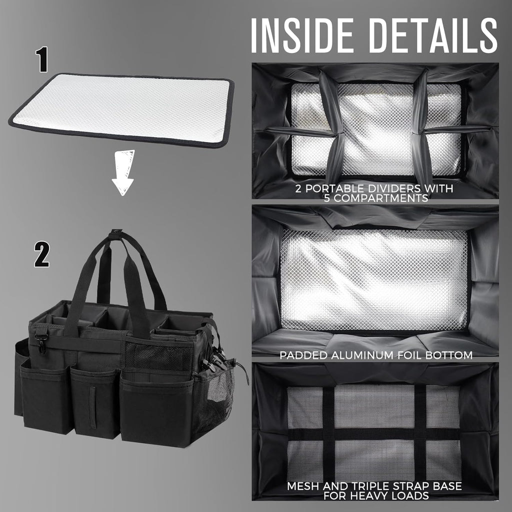 Wearable Cleaning Caddy Organizer with Handle & Shoulder Straps for Housekeepers, Under Sink & Car Cleaning Tool Organizer Bag with 4 Foldable Dividers (Black)