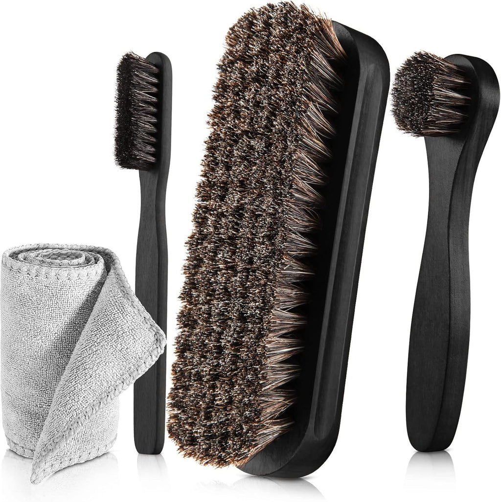 4 Pcs Horsehair Shine Shoes Brush Kit Polish Dauber Applicators Cleaning Leather Shoes Boots Care Brushes Suede Cleaner Brush with Microfiber Shoe Cloth(4 Pcs Black D)