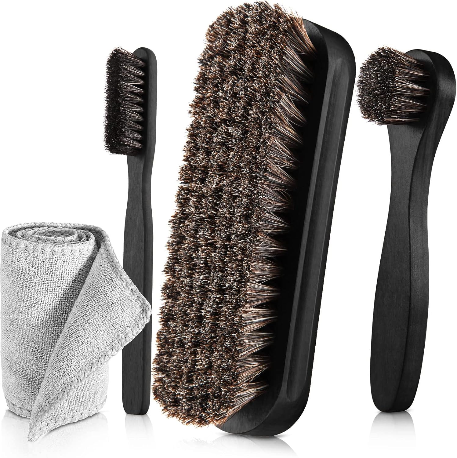4 Pcs Horsehair Shine Shoes Brush Kit Polish Dauber Applicators Cleaning Leather Shoes Boots Care Brushes Suede Cleaner Brush with Microfiber Shoe Cloth(4 Pcs Black D)