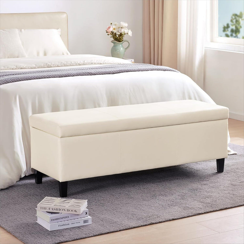 HUIMO Faux Leather Storage Ottoman Bench 50.3 inch Extra Long Upholstered Bedroom Bench with Large Storage Space for The Living Room, Entryway, Bedroom Hold Up to 300lbs (Cream)