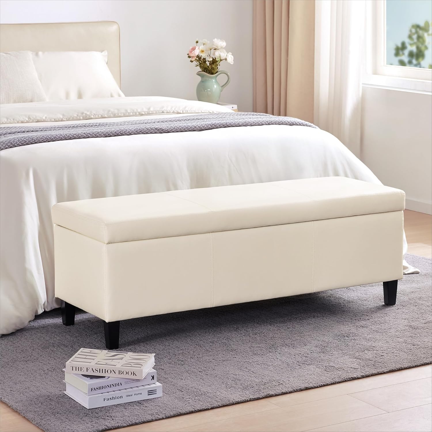 HUIMO Faux Leather Storage Ottoman Bench 50.3 inch Extra Long Upholstered Bedroom Bench with Large Storage Space for The Living Room, Entryway, Bedroom Hold Up to 300lbs (Cream)