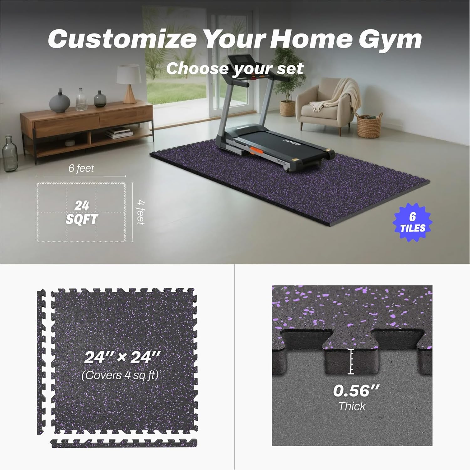 AIRHOP 0.56in Thick 24 Sq Ft Exercise Equipment Mats, 6 Tiles Upgraded Rubber Top with High Density EVA Foam, Large Interlocking Puzzle Gym Flooring for Home Gym, Heavy Weight Workout, 24 x 24in