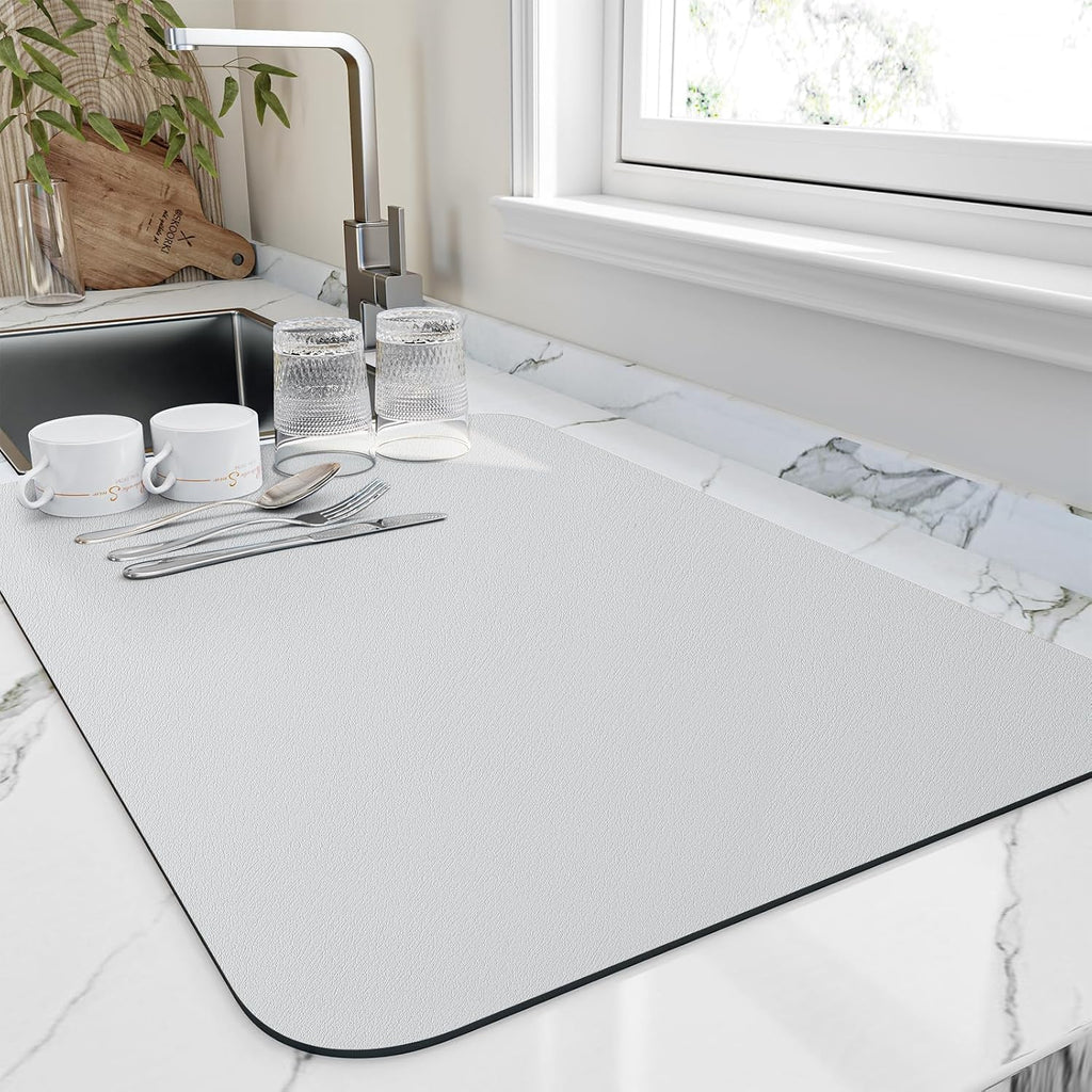 Dish Drying Mat for Kitchen Counter, Heat Resistant Drainer Mats with Non-slip Rubber Backed, Hide Stain Kitchen Super Absorbent Draining Mat, Easy to Clean Dish Rack Pad, Light Grey 18"x28"