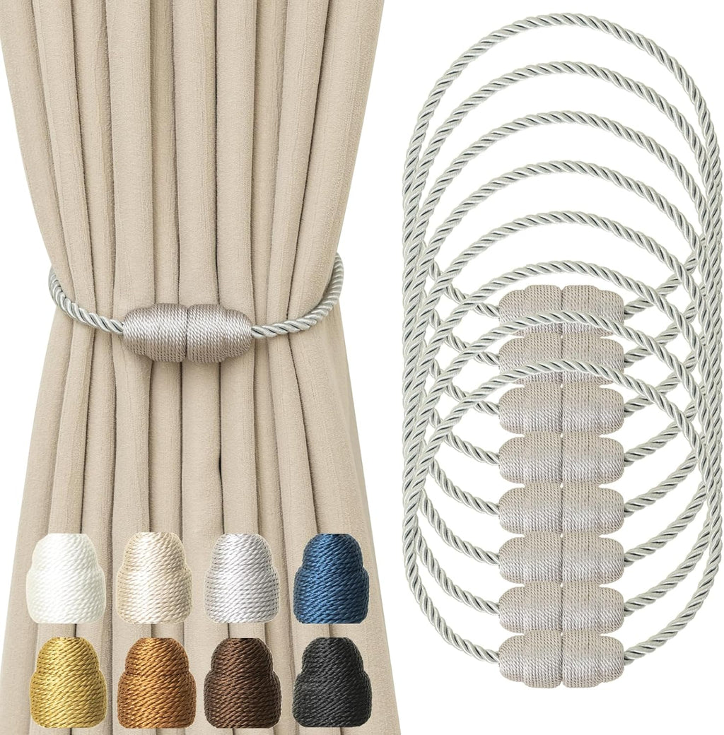 Magnetic Curtain Tiebacks - Rope Tiebacks for Curtains & Drapes, Decorative Window Holdbacks (8 Pack, Grey)