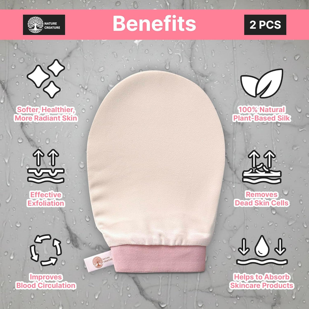 – Vegan Silk Exfoliating Glove (2pcs) for Face, Body, and Hands | Natural Body Scrubber for Dead Skin Removal | Exfoliating Mitt Eco-Friendly, Perfect for Spa, Bath, and Shower
