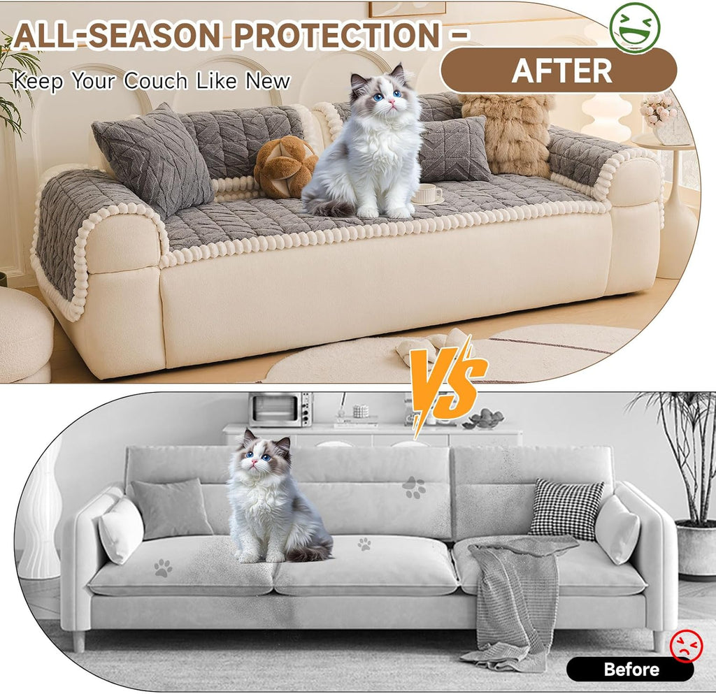 OTOB All Season Couch Cover for Dogs Washable, Non Slip Fuzzy Plush Pet Couch Covers Kids Pet Friendly, Geometric Jacquard Modern Soft Loveseat Sofa Slipcovers Protectors (Gray, 27.6"x59.1")
