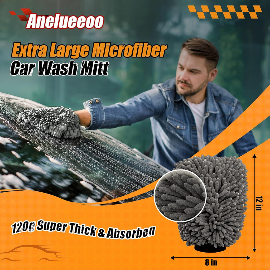 Car Wash Mitt Microfiber, Premium Chenille Microfiber Wash Car Mitts Sponge Scratch Free & Lint-Free, Mitts Waterproof Lining 4 Pack Gray(8''X12'')