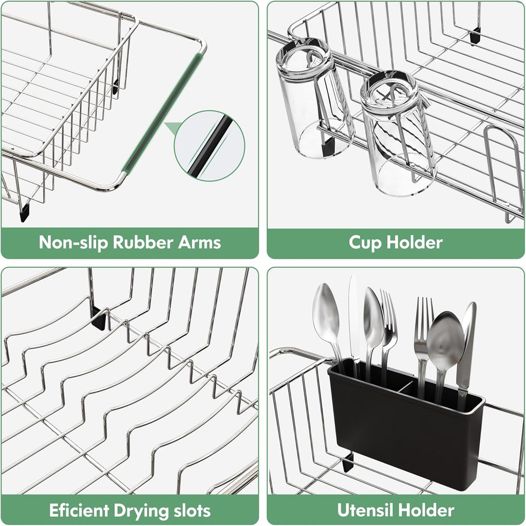 Over The Sink Expandable Dish Drainer Drying Rack in Stainless Steel for Small Kitchen, Counter Space Saving Modern Compact Metal Above Plate Dryer Strainer, Adjustable Hanging Inside Drain Holder