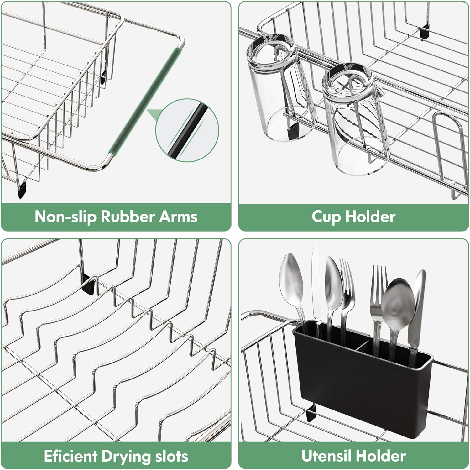 Over The Sink Expandable Dish Drainer Drying Rack in Stainless Steel for Small Kitchen, Counter Space Saving Modern Compact Metal Above Plate Dryer Strainer, Adjustable Hanging Inside Drain Holder
