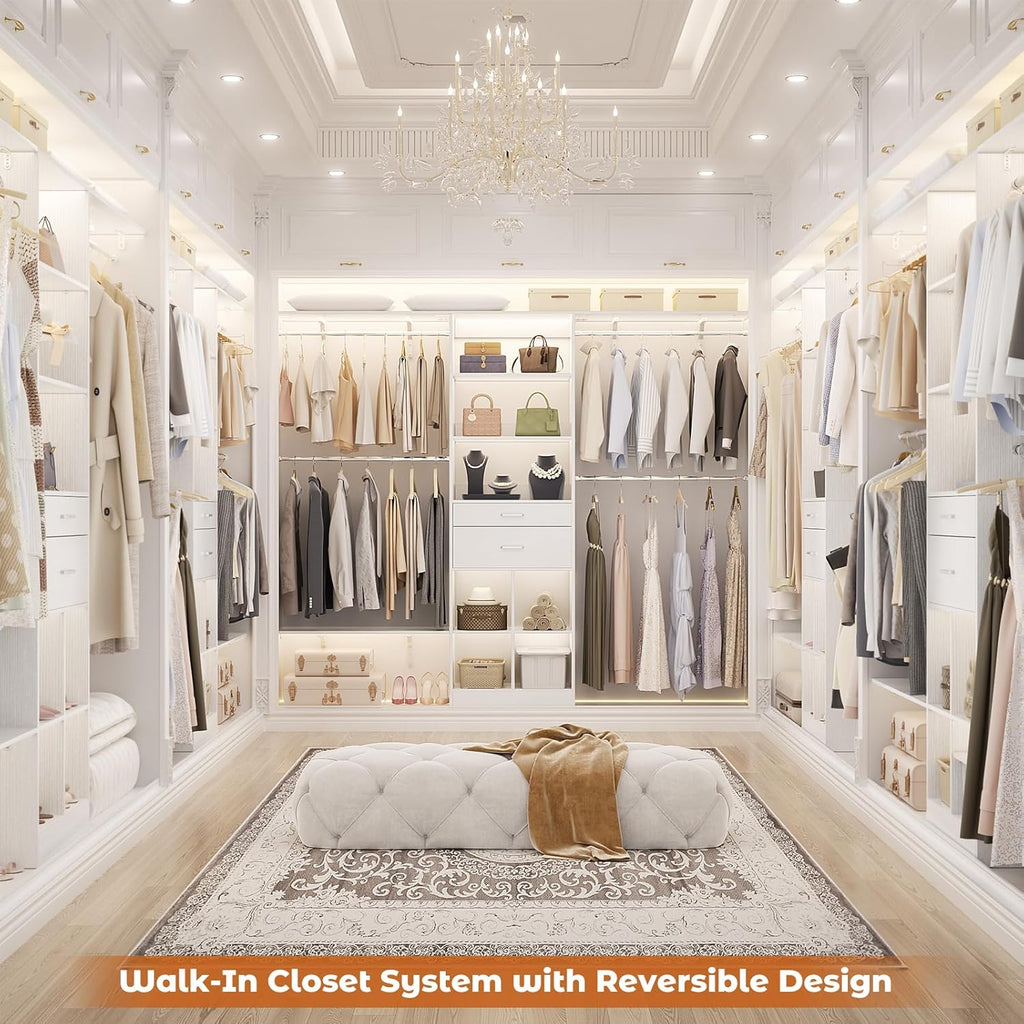 Closet System - 4.75-8FT Closet Organizer System with Wooden Drawers & Cube Storage Organizer, Up To 96" Closet Systems for Nursery & Walk-In Closets with Cuttable Hanging Shelving, White