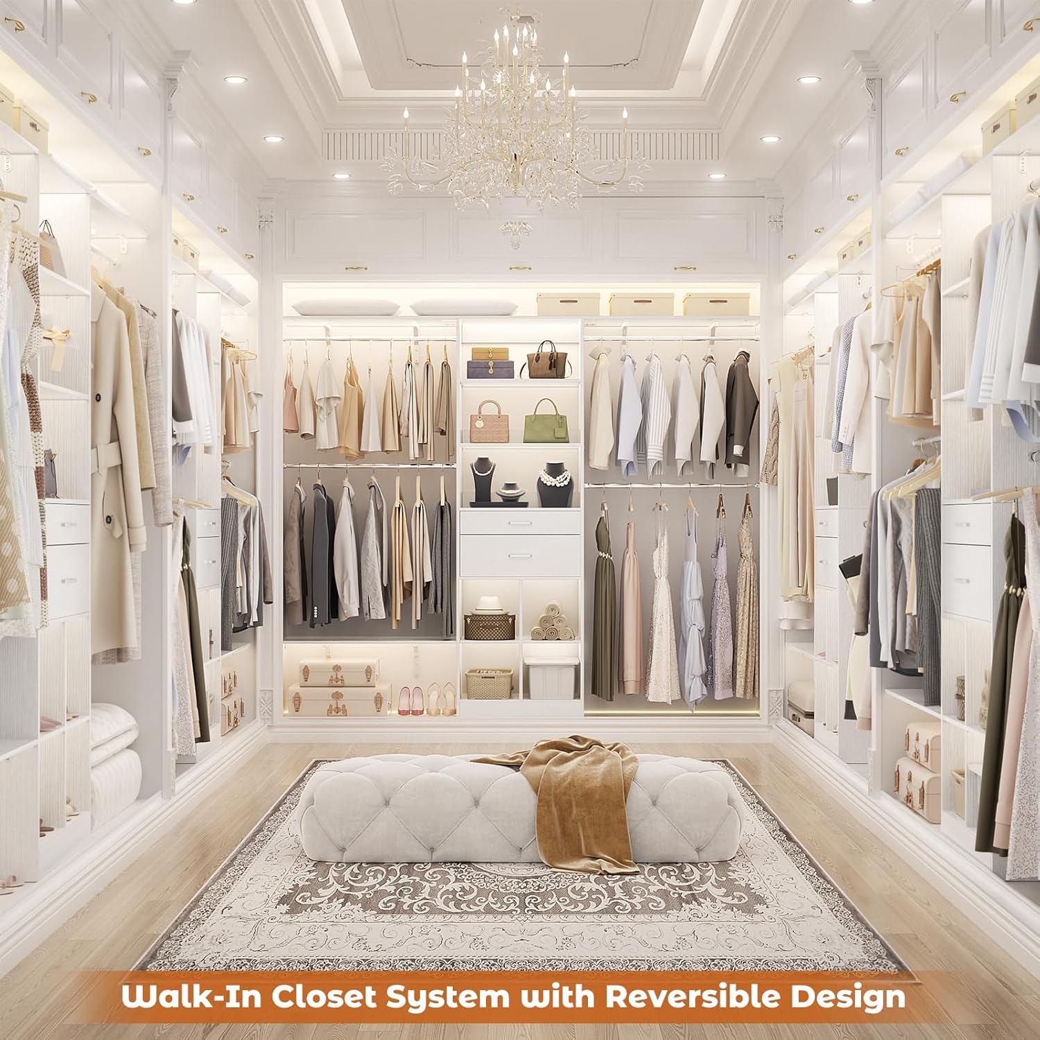 Closet System - 4.75-8FT Closet Organizer System with Wooden Drawers & Cube Storage Organizer, Up To 96" Closet Systems for Nursery & Walk-In Closets with Cuttable Hanging Shelving, White