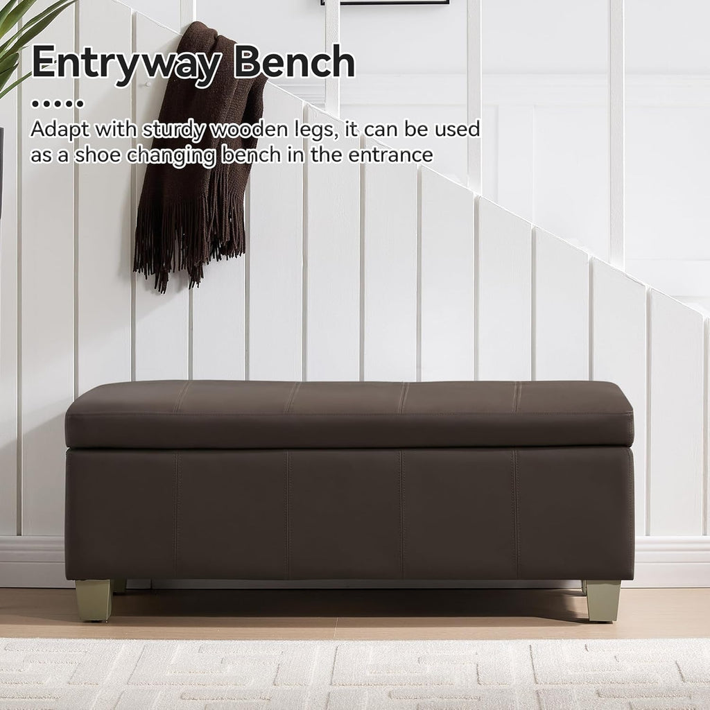 41" Faux Leather Storage Ottoman, Stitch Tufted Rectangle Upholstered End of Bed Storage Bench, Entryway Large Couch Ottoman with Wooden Legs,Brown