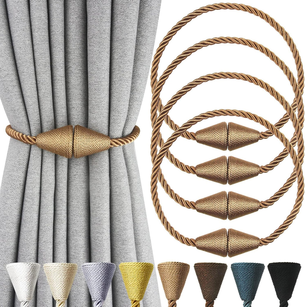 4 Pack Magnetic Curtain Tiebacks Rope Modern Handmade Curtain Tie Backs Decorative Drapes Weave Holdbacks for Window Décor, Khaki